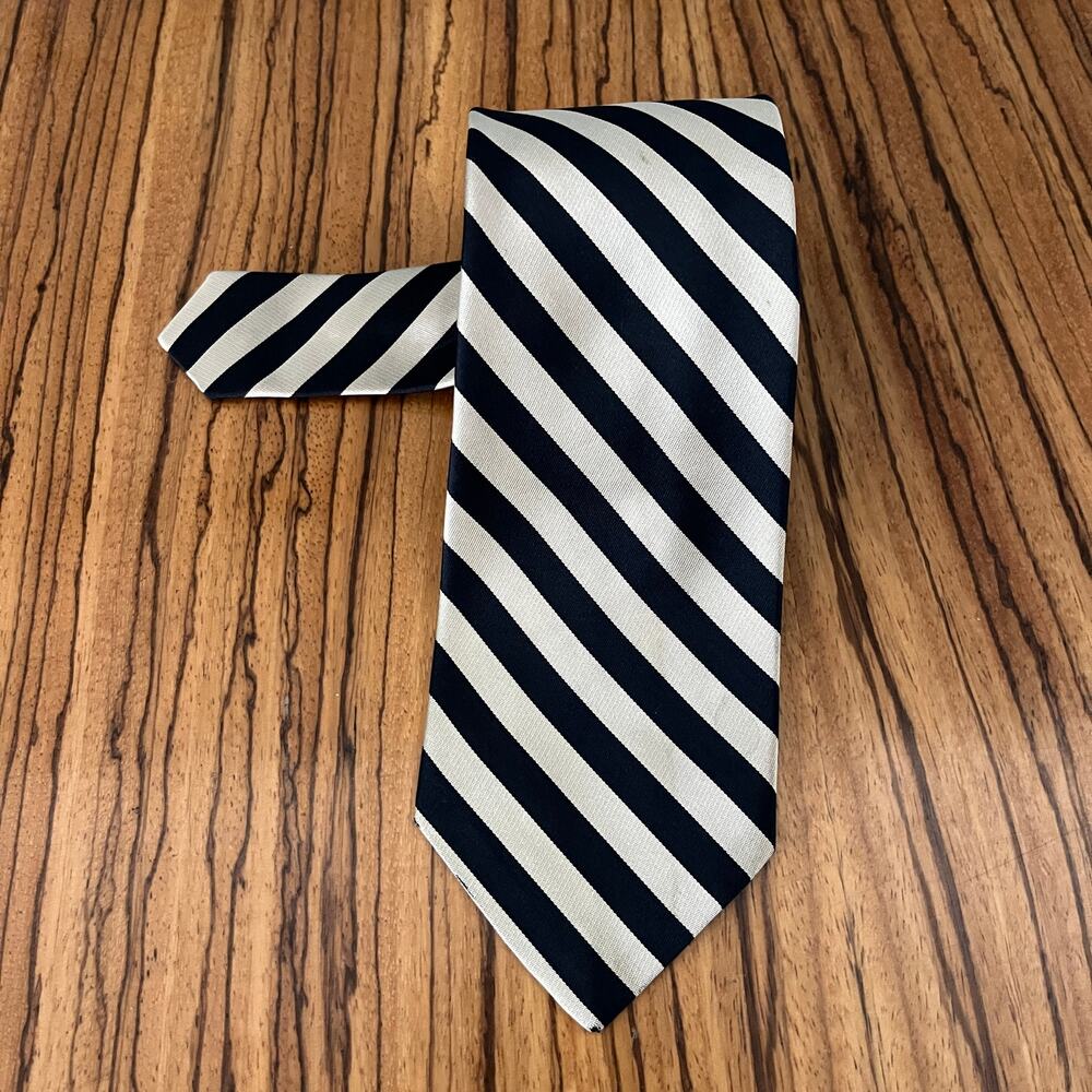 Vintage Perry Ellis Handmade Tie Blue Black / Silver Stripe Italian 100% Silk